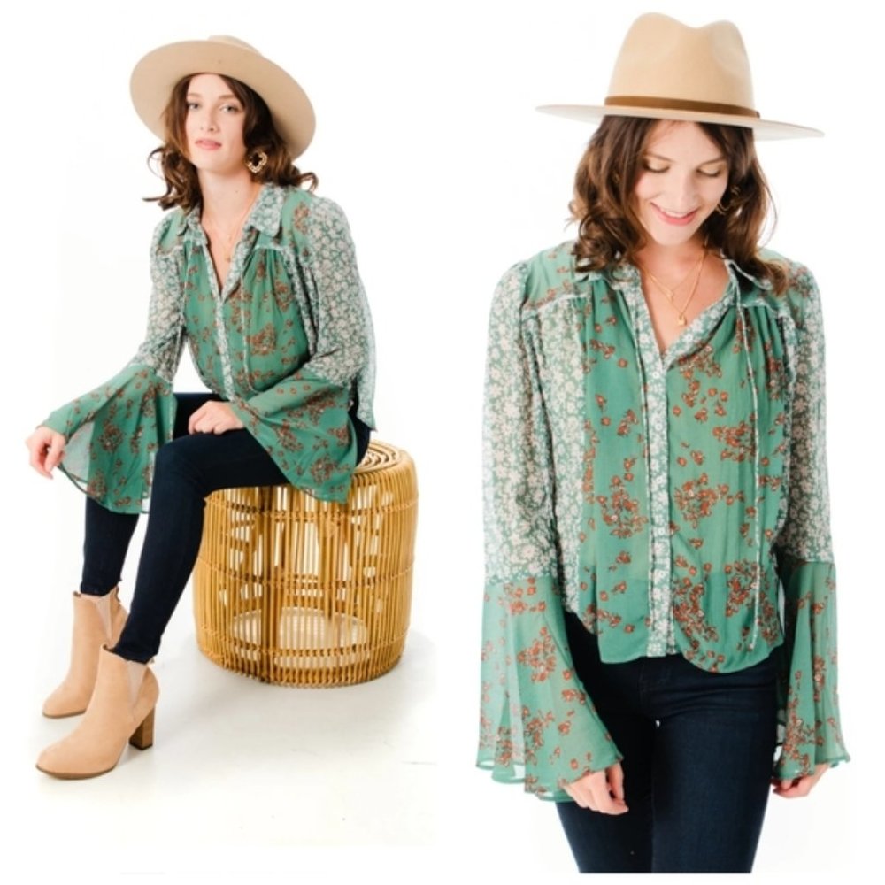 Free People Emerald Serene floral button down top
